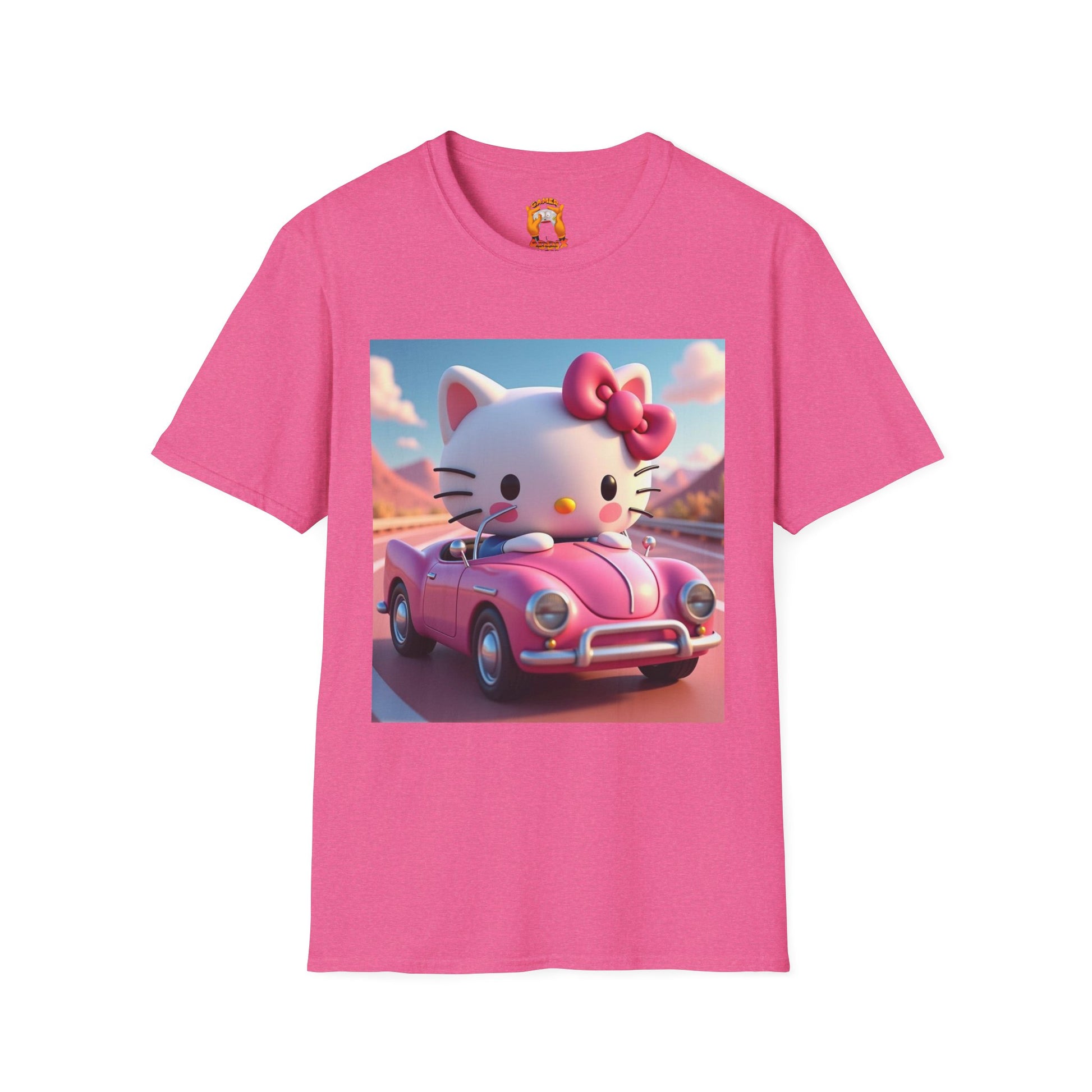 Cute Hello Kitty Vintage Car T-Shirt, Unisex Graphic Tee, Softstyle Tee for Kids, Adults, Birthday Gift, Cartoon Apparel
