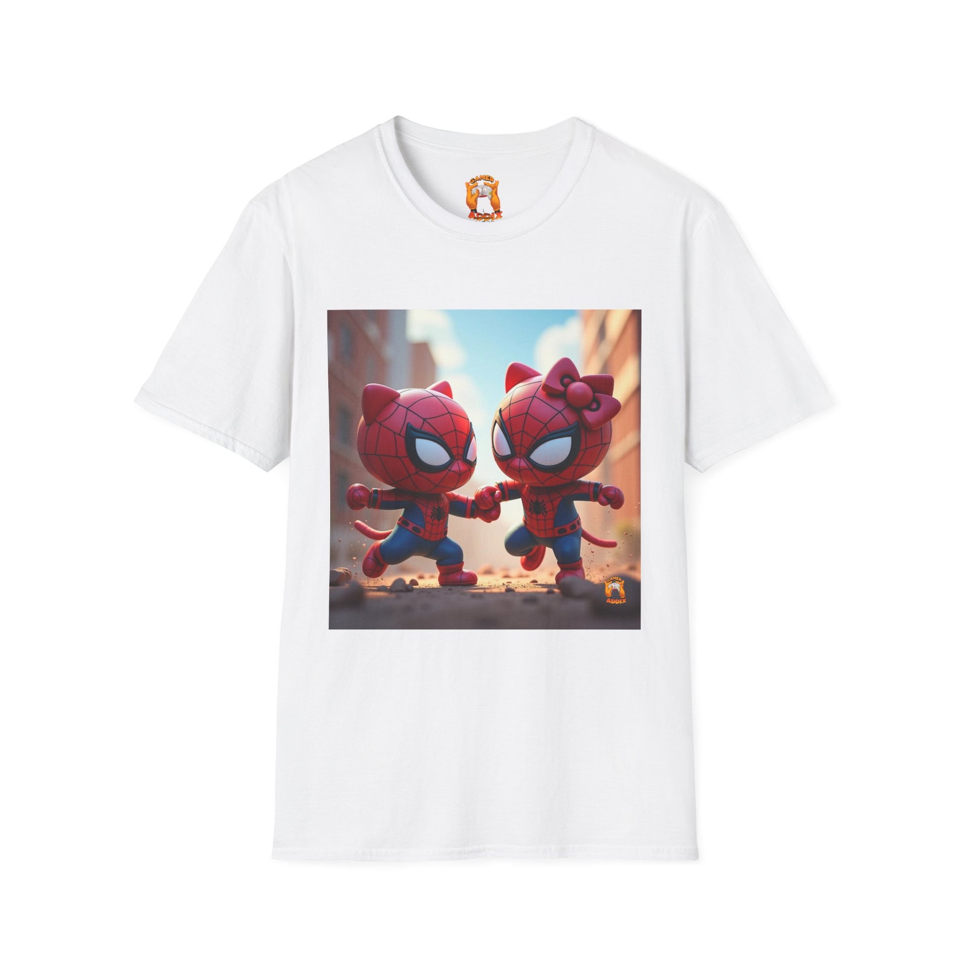 Cute Spiderman Cat Unisex Softstyle T-Shirt, Gift for Kids, Cartoon Tee, Fun Apparel, Birthday Parties, Cosplay, Summer Wear