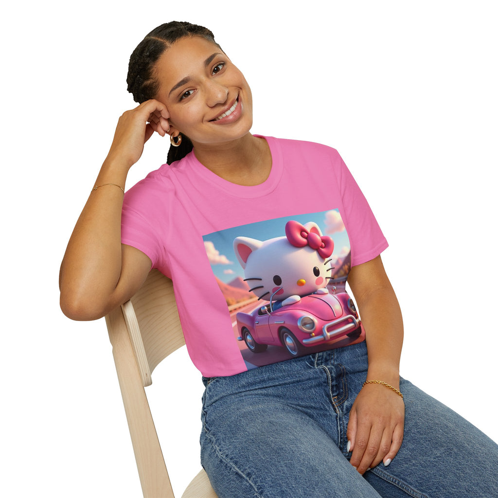 Cute Hello Kitty Vintage Car T-Shirt, Unisex Graphic Tee, Softstyle Tee for Kids, Adults, Birthday Gift, Cartoon Apparel