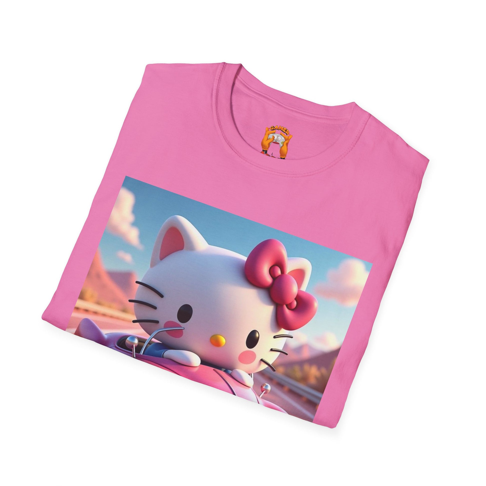 Cute Hello Kitty Vintage Car T-Shirt, Unisex Graphic Tee, Softstyle Tee for Kids, Adults, Birthday Gift, Cartoon Apparel