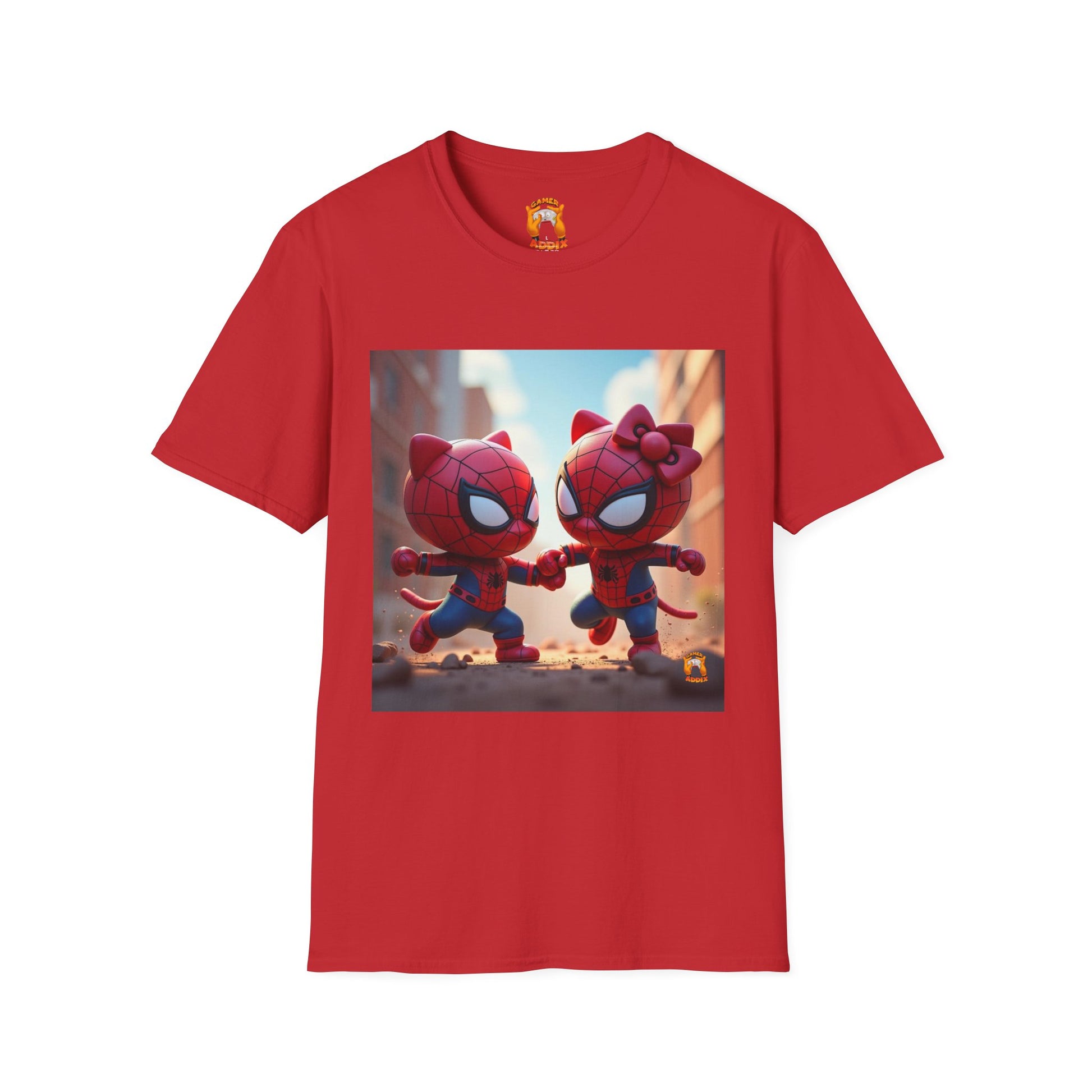 Cute Spiderman Cat Unisex Softstyle T-Shirt, Gift for Kids, Cartoon Tee, Fun Apparel, Birthday Parties, Cosplay, Summer Wear