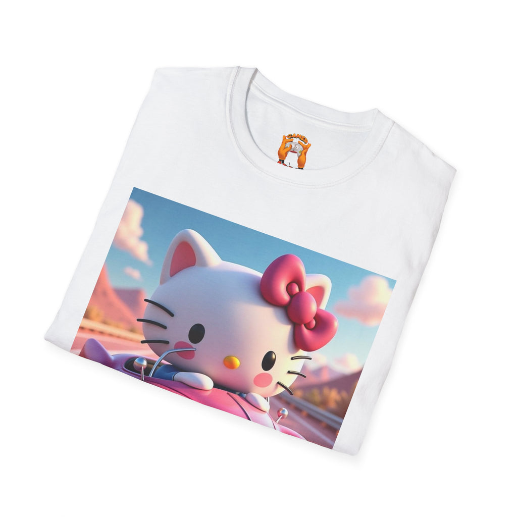 Cute Hello Kitty Vintage Car T-Shirt, Unisex Graphic Tee, Softstyle Tee for Kids, Adults, Birthday Gift, Cartoon Apparel