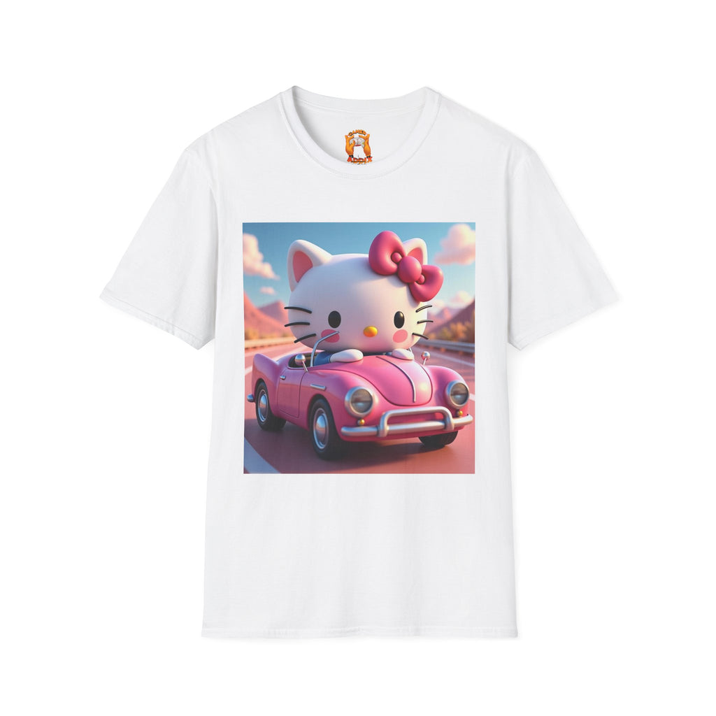 Cute Hello Kitty Vintage Car T-Shirt, Unisex Graphic Tee, Softstyle Tee for Kids, Adults, Birthday Gift, Cartoon Apparel