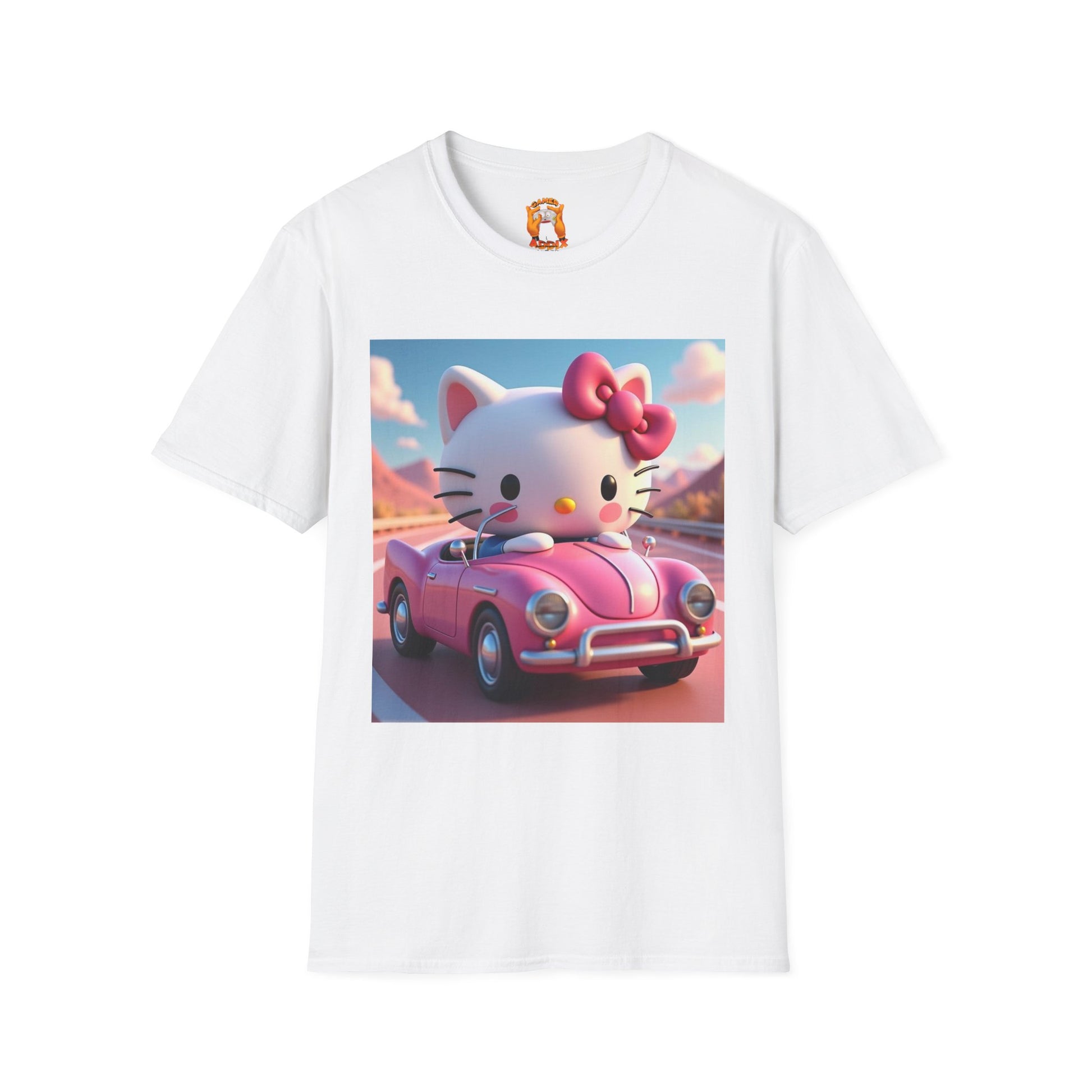 Cute Hello Kitty Vintage Car T-Shirt, Unisex Graphic Tee, Softstyle Tee for Kids, Adults, Birthday Gift, Cartoon Apparel