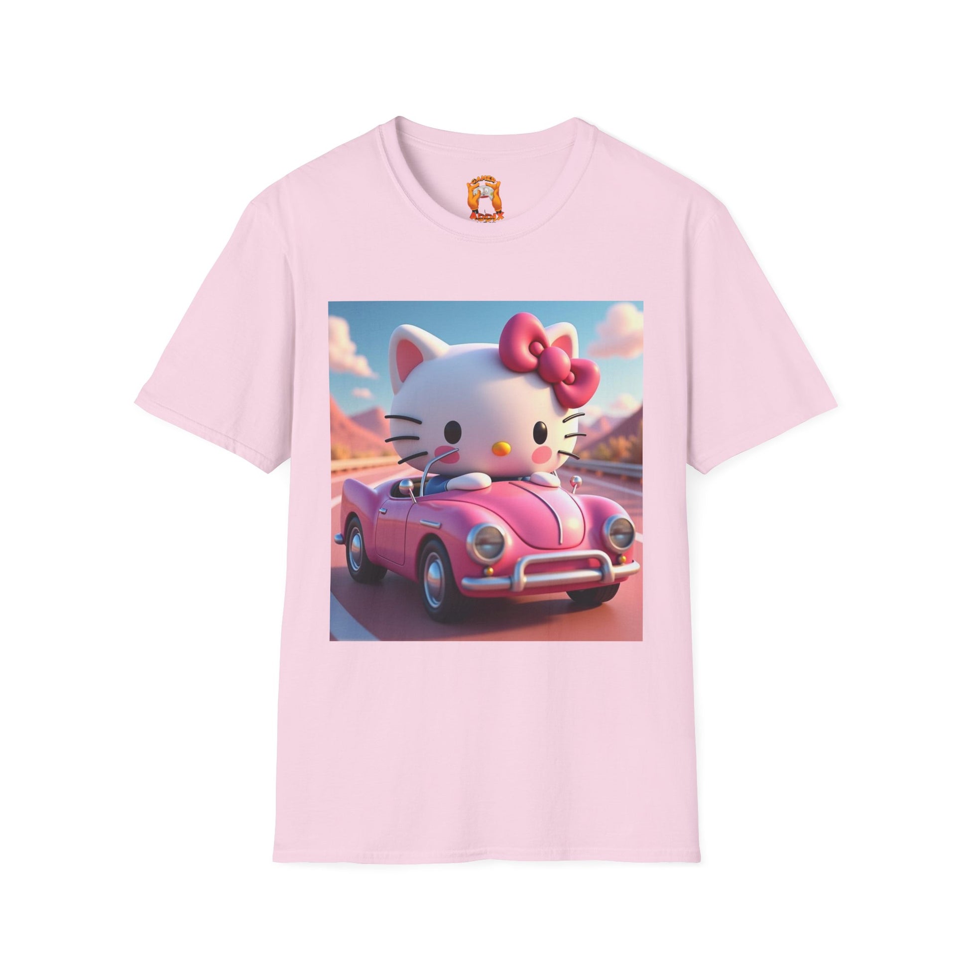 Cute Hello Kitty Vintage Car T-Shirt, Unisex Graphic Tee, Softstyle Tee for Kids, Adults, Birthday Gift, Cartoon Apparel