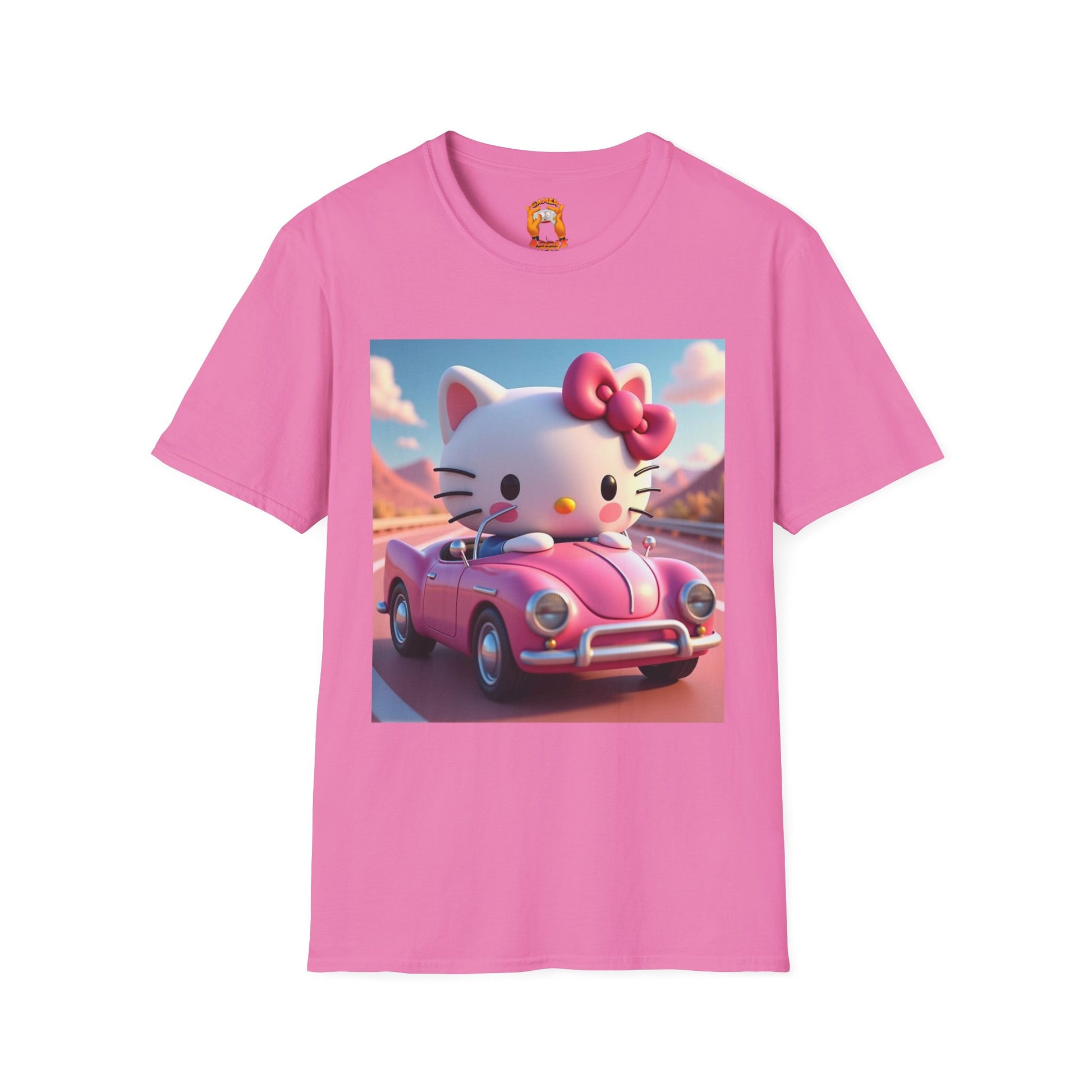 Cute Hello Kitty Vintage Car T-Shirt, Unisex Graphic Tee, Softstyle Tee for Kids, Adults, Birthday Gift, Cartoon Apparel
