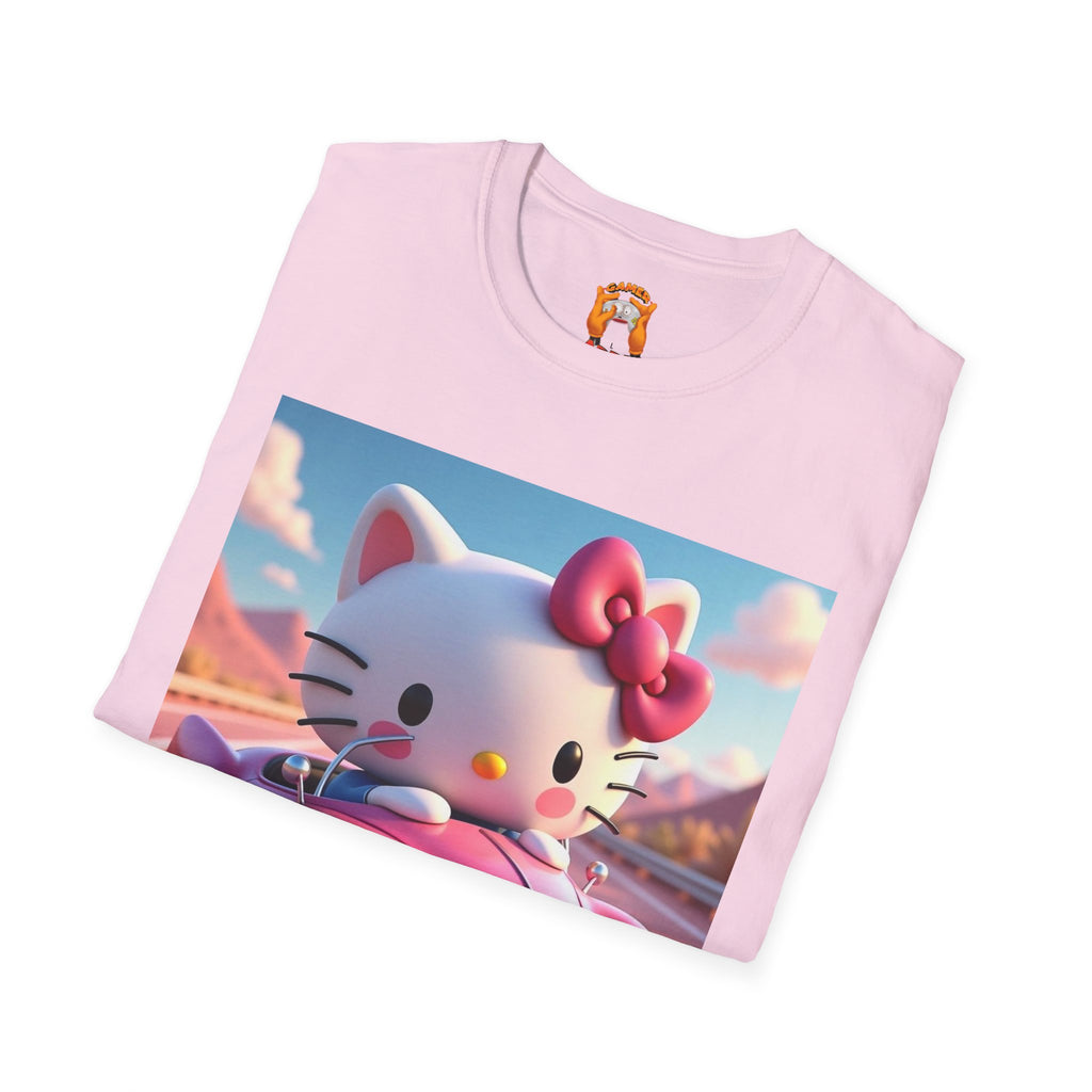Cute Hello Kitty Vintage Car T-Shirt, Unisex Graphic Tee, Softstyle Tee for Kids, Adults, Birthday Gift, Cartoon Apparel
