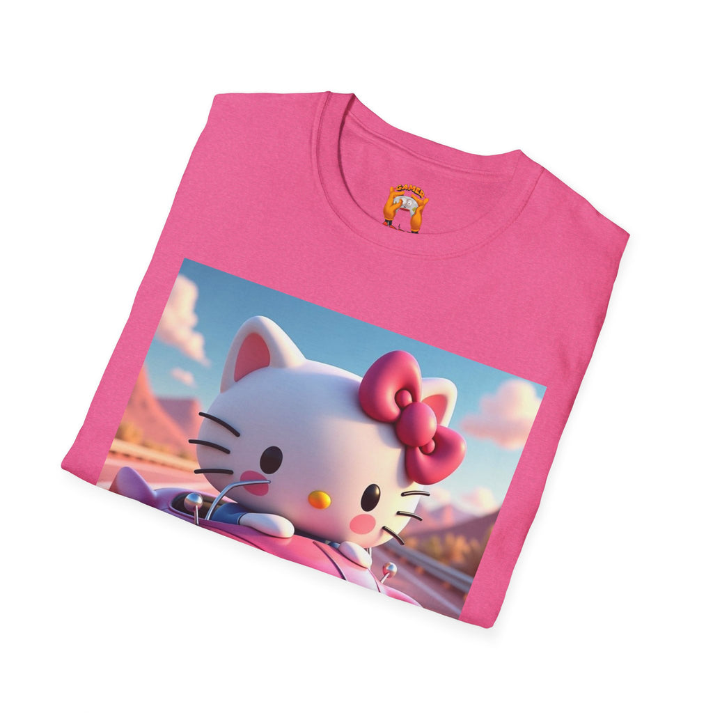 Cute Hello Kitty Vintage Car T-Shirt, Unisex Graphic Tee, Softstyle Tee for Kids, Adults, Birthday Gift, Cartoon Apparel