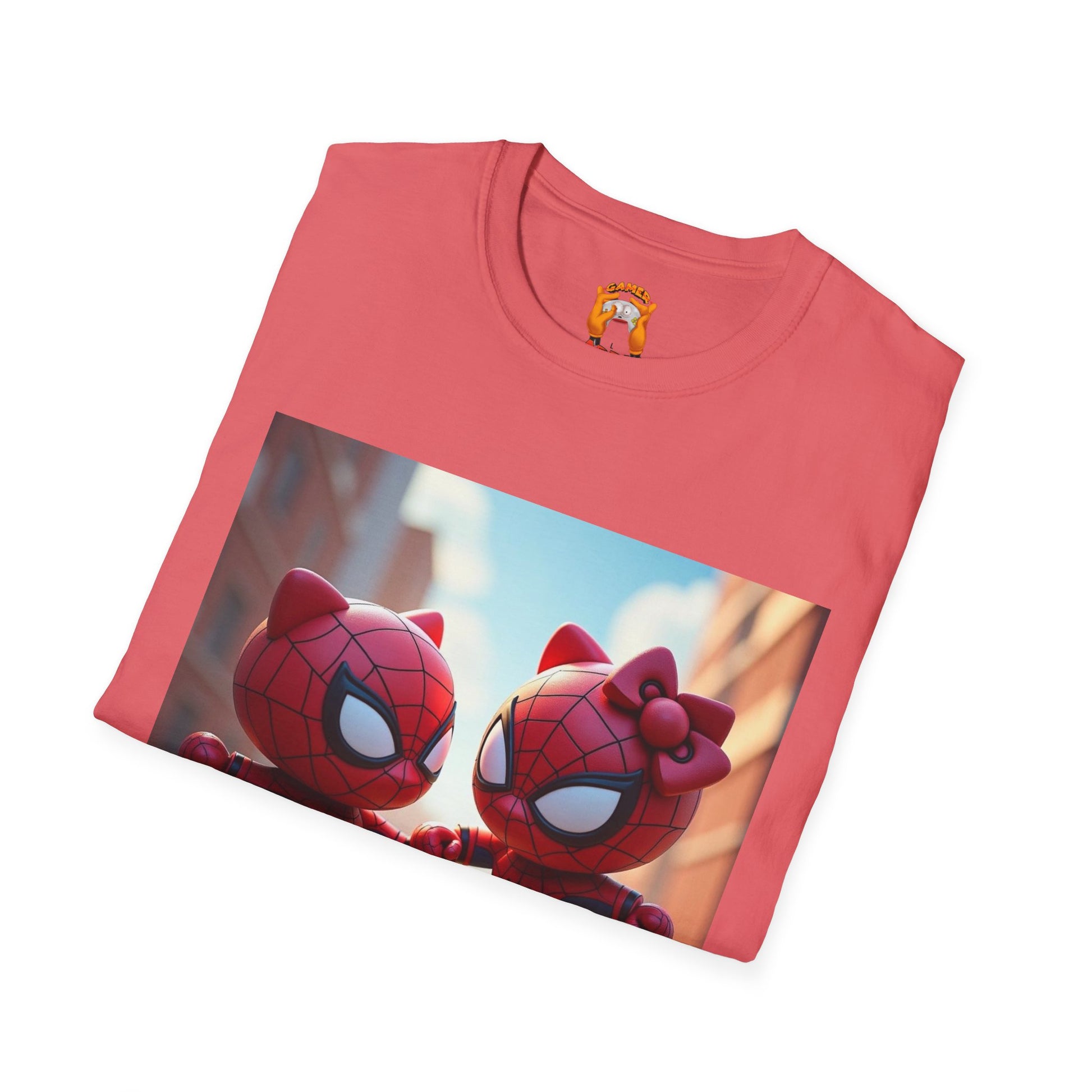 Cute Spiderman Cat Unisex Softstyle T-Shirt, Gift for Kids, Cartoon Tee, Fun Apparel, Birthday Parties, Cosplay, Summer Wear