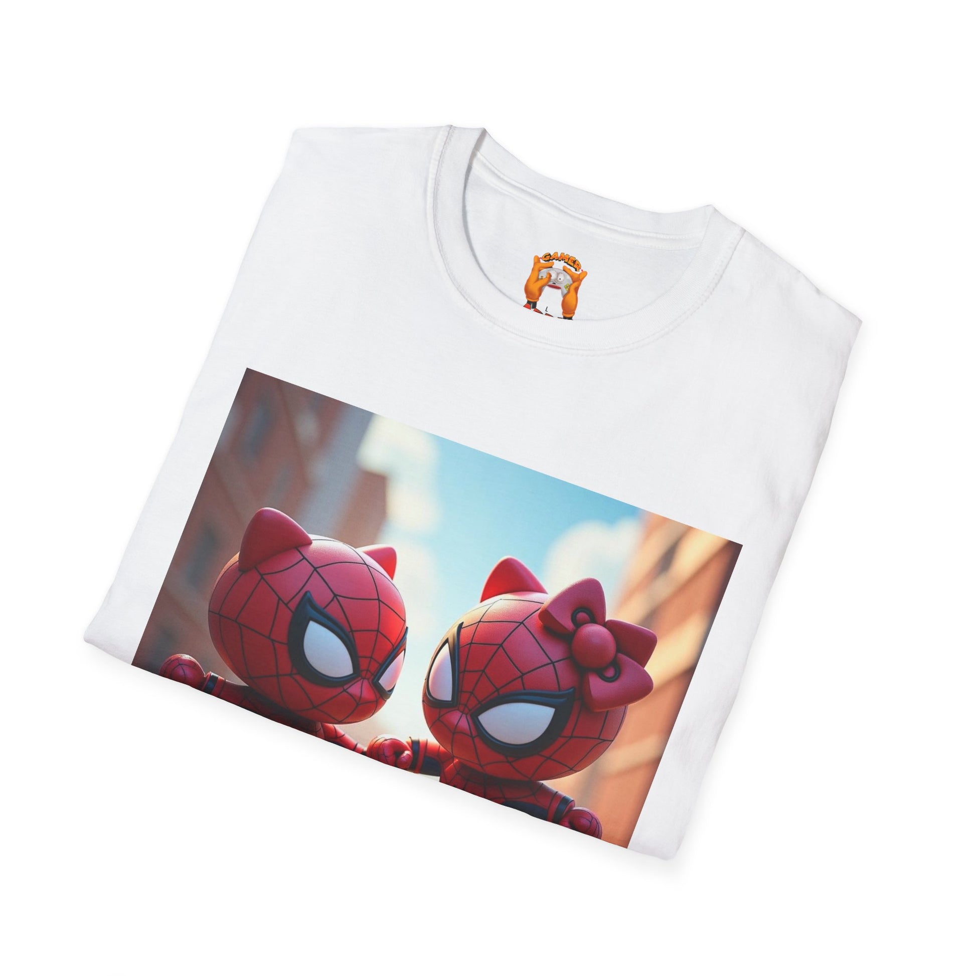 Cute Spiderman Cat Unisex Softstyle T-Shirt, Gift for Kids, Cartoon Tee, Fun Apparel, Birthday Parties, Cosplay, Summer Wear